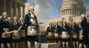 George Washington con su delantal y regalía masónica, colocando la piedra angular del Capitolio de los EE.UU., simbolizando la influencia de la masonería en la fundación de la nación.