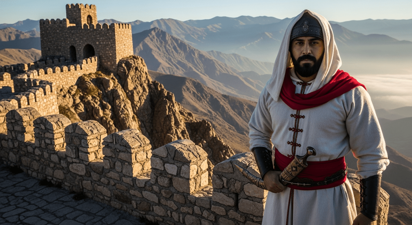 Un asesino Hashshashin con túnica blanca y daga, observando desde las almenas de la fortaleza de Alamut en las montañas, simbolizando su sigilo y alcance.