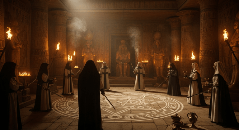 Un ritual de la Aurora Dorada en un templo decorado, con miembros en túnicas realizando una ceremonia con espadas y símbolos esotéricos.