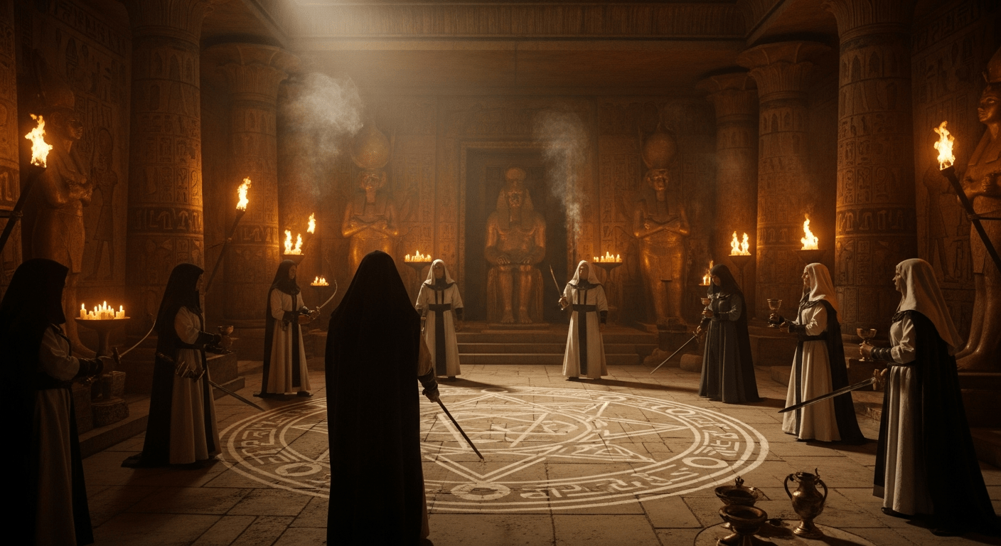 Un ritual de la Aurora Dorada en un templo decorado, con miembros en túnicas realizando una ceremonia con espadas y símbolos esotéricos.