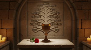 Un antiguo cáliz (el Santo Grial) con una rosa y una flor de lis, símbolos del Priorato de Sion, con un árbol genealógico que desciende de Jesús y María Magdalena en el fondo.