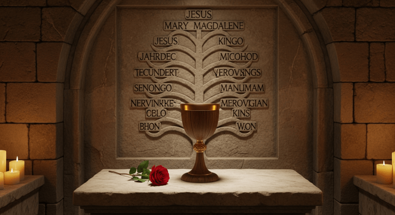Un antiguo cáliz (el Santo Grial) con una rosa y una flor de lis, símbolos del Priorato de Sion, con un árbol genealógico que desciende de Jesús y María Magdalena en el fondo.