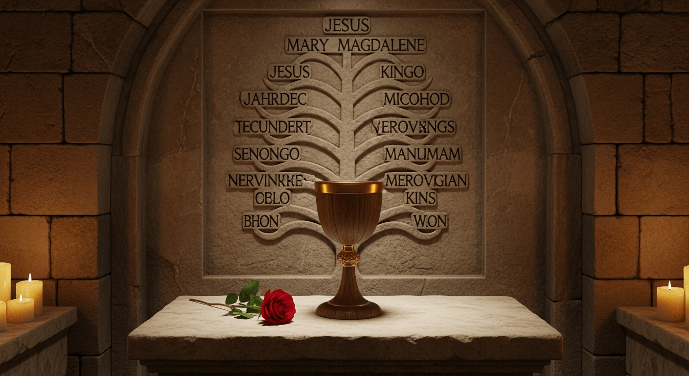 Un antiguo cáliz (el Santo Grial) con una rosa y una flor de lis, símbolos del Priorato de Sion, con un árbol genealógico que desciende de Jesús y María Magdalena en el fondo.