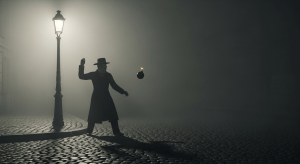 Un anarquista del siglo XIX con sombrero y abrigo largo, a punto de lanzar una bomba esférica en una calle europea, simbolizando la "propaganda por el hecho".