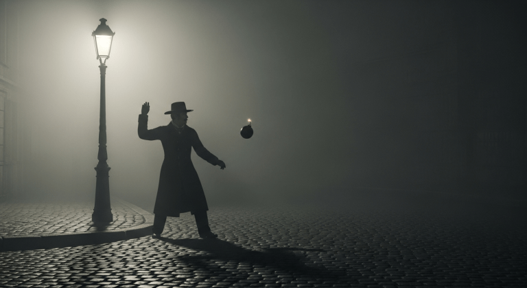 Un anarquista del siglo XIX con sombrero y abrigo largo, a punto de lanzar una bomba esférica en una calle europea, simbolizando la "propaganda por el hecho".