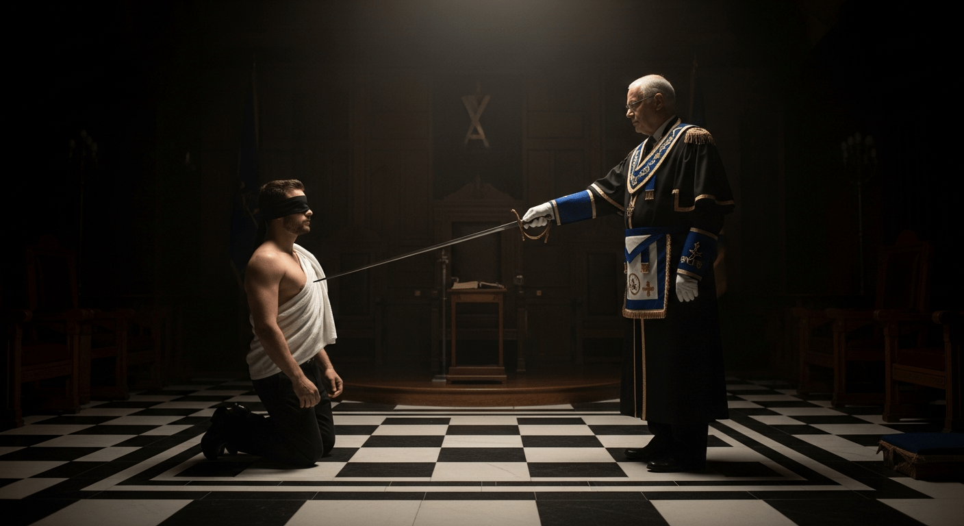 Un iniciado masónico con los ojos vendados arrodillado en una logia, con una espada apuntando a su pecho, simbolizando el juramento y el secreto de la iniciación.