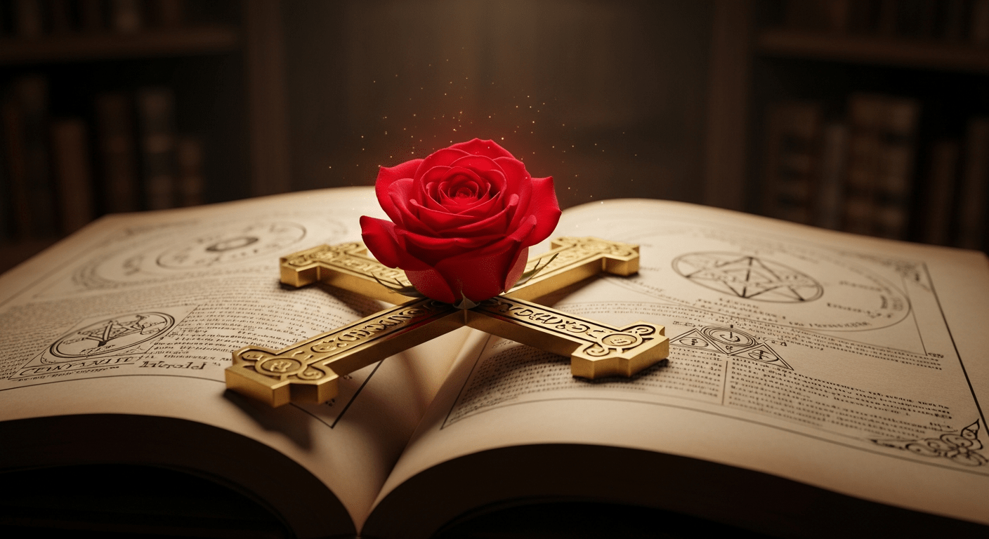 El símbolo de la Rosacruz, una rosa floreciendo en el centro de una cruz, sobre un fondo de textos alquímicos y mapas estelares, representando su búsqueda del conocimiento arcano.