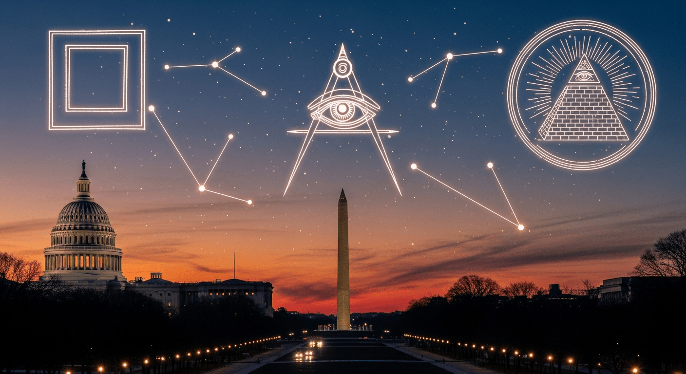 El Capitolio de los EE.UU. y el Monumento a Washington, con una superposición de símbolos masónicos como la escuadra, el compás y el Ojo que Todo lo Ve, revelando el diseño esotérico de la ciudad.