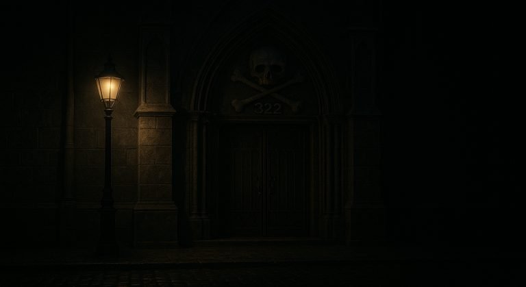 El emblema de Skull and Bones (una calavera con dos tibias cruzadas y el número 322) sobre la fachada de "La Tumba", su sede sin ventanas en la Universidad de Yale.