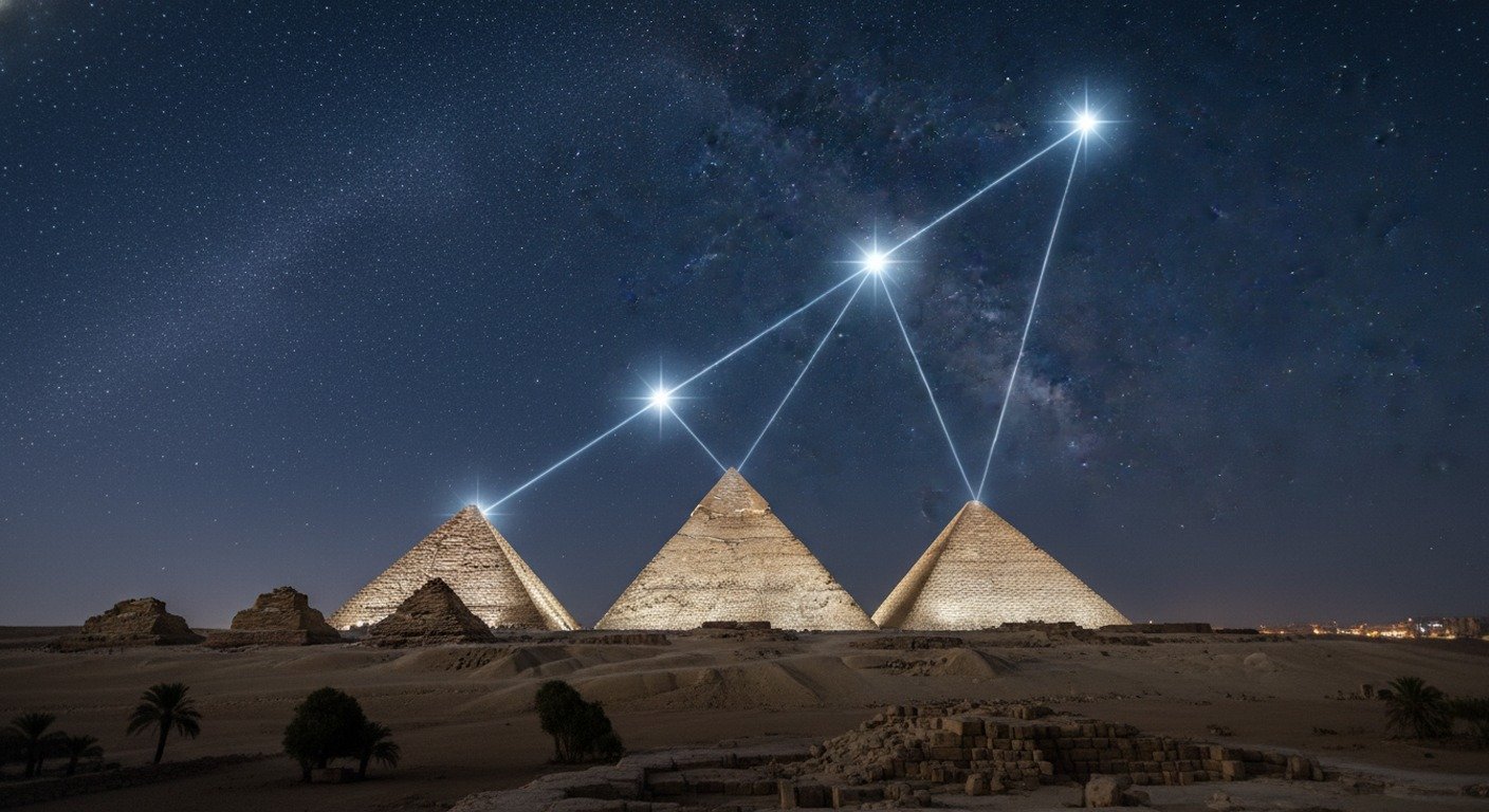 Las tres pirámides de Giza alineadas perfectamente bajo las tres estrellas del Cinturón de Orión en un cielo nocturno, ilustrando la teoría de la correlación.