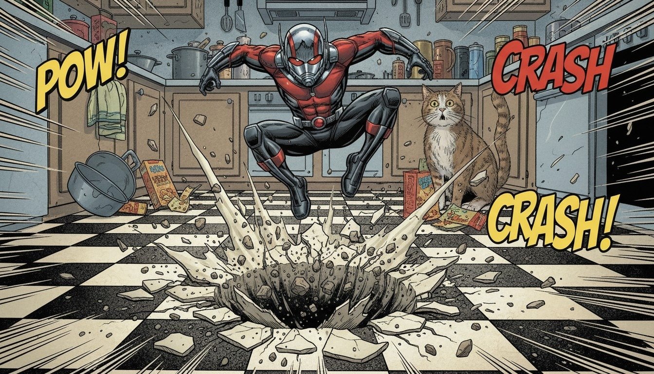 Ilustración que muestra a Ant-Man rompiendo el suelo al aterrizar, demostrando que conservar la masa humana en un tamaño minúsculo ejerce una presión devastadora.
