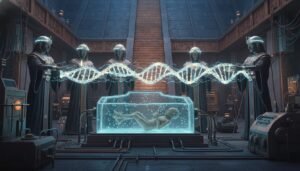 Representación artística de los dioses sumerios Anunnaki realizando ingeniería genética para crear al ser humano, reinterpretando el mito bíblico.