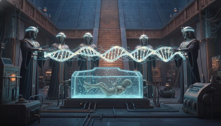 Representación artística de los dioses sumerios Anunnaki realizando ingeniería genética para crear al ser humano, reinterpretando el mito bíblico.