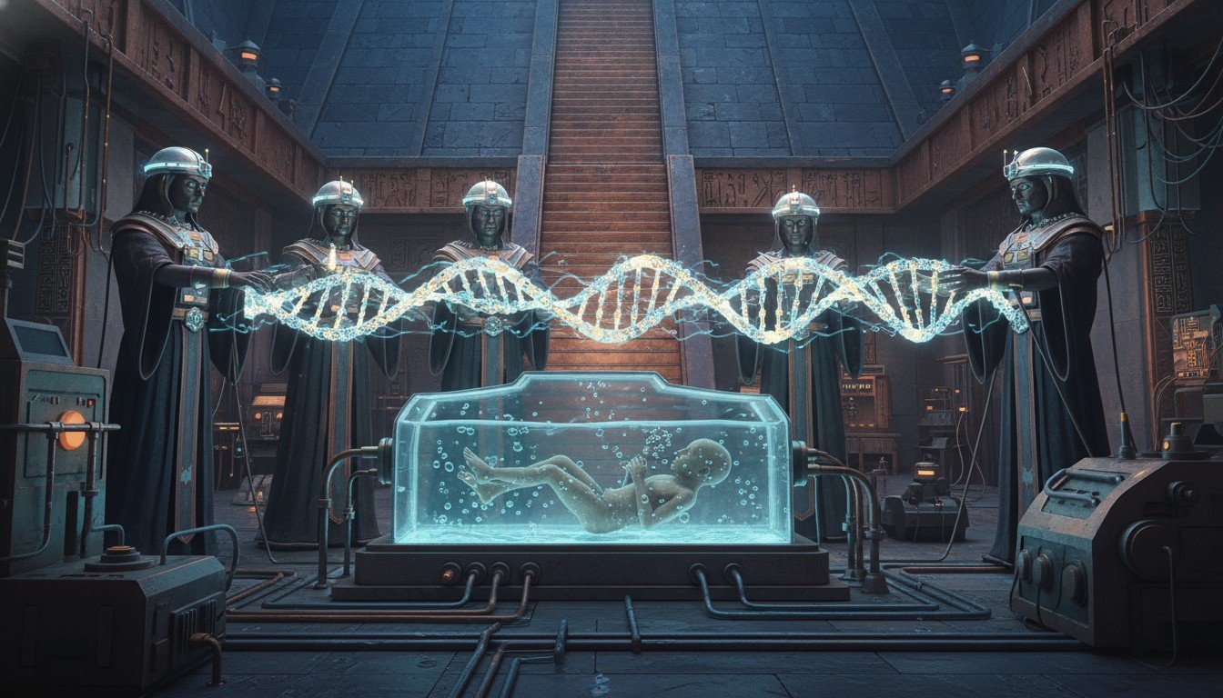 Representación artística de los dioses sumerios Anunnaki realizando ingeniería genética para crear al ser humano, reinterpretando el mito bíblico.