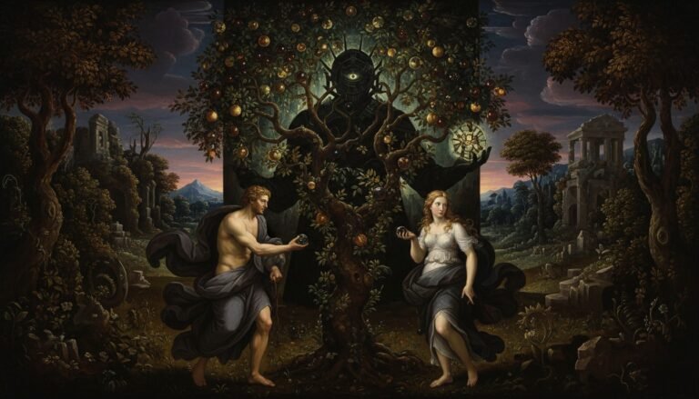 Representación artística del Árbol del Conocimiento en el Edén, sugiriendo que su colocación fue parte de un plan divino mayor y no un accidente.