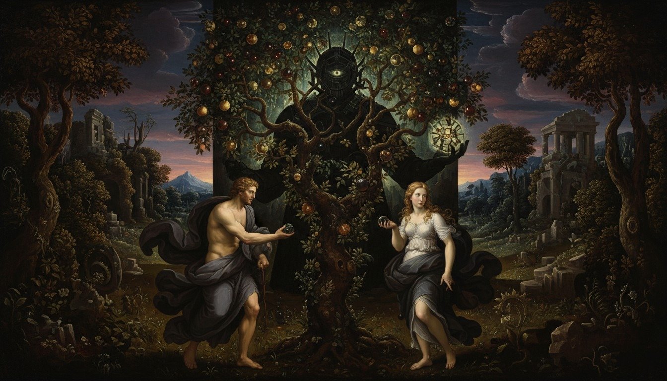 Representación artística del Árbol del Conocimiento en el Edén, sugiriendo que su colocación fue parte de un plan divino mayor y no un accidente.