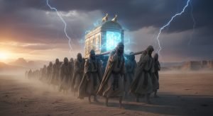 Representación artística del Arca de la Alianza emitiendo energía luminosa mientras es transportada por sacerdotes, ilustrando su función como dispositivo de poder.