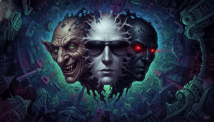 Fusión visual de las tres manifestaciones del Embaucador: el duende, el Hombre de Negro y la entidad de la parálisis.