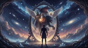 Representación artística de los arquetipos junguianos reflejados en un espejo, simbolizando las múltiples facetas del inconsciente colectivo dentro de una persona.