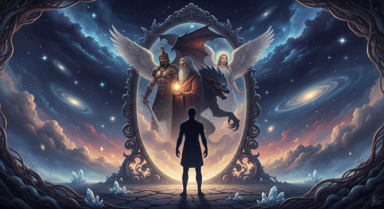 Representación artística de los arquetipos junguianos reflejados en un espejo, simbolizando las múltiples facetas del inconsciente colectivo dentro de una persona.