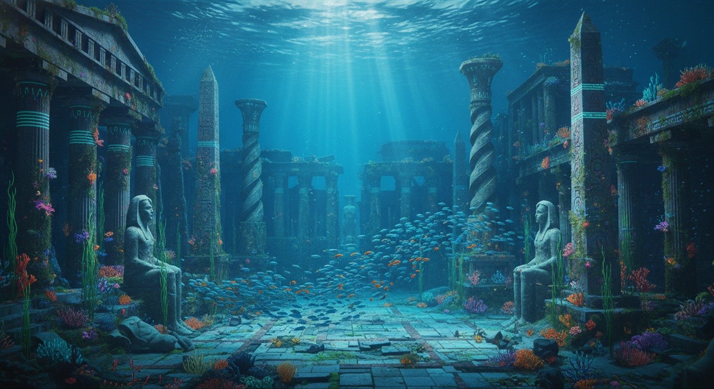 Las ruinas de una ciudad magnífica y avanzada (la Atlántida) en el fondo del océano, con peces nadando entre sus templos y pirámides.