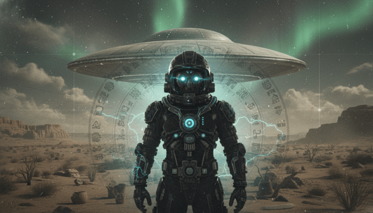 Representación artística que fusiona la iconografía azteca con la estética del incidente de Roswell.