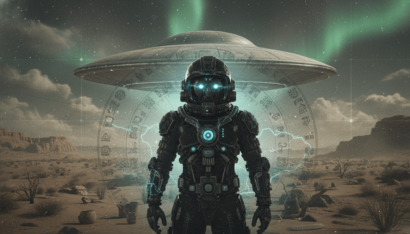 Representación artística que fusiona la iconografía azteca con la estética del incidente de Roswell.