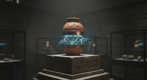 La Batería de Bagdad, una antigua jarra de terracota, brillando con energía eléctrica, simbolizando el descubrimiento de una tecnología antigua e imposible.