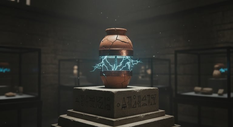 La Batería de Bagdad, una antigua jarra de terracota, brillando con energía eléctrica, simbolizando el descubrimiento de una tecnología antigua e imposible.