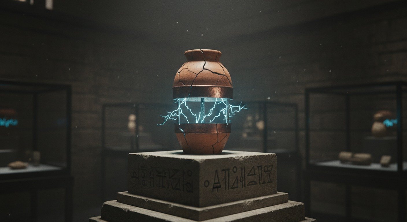 La Batería de Bagdad, una antigua jarra de terracota, brillando con energía eléctrica, simbolizando el descubrimiento de una tecnología antigua e imposible.