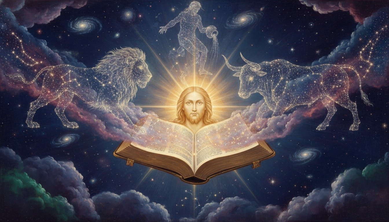 Representación artística de la Biblia proyectando constelaciones zodiacales, ilustrando la teoría de la astro-teología.