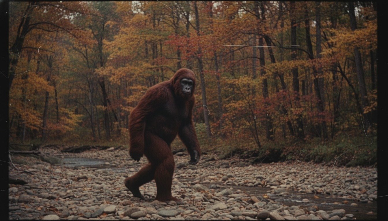 Recreación de alta definición del icónico fotograma de la película Patterson-Gimlin de 1967, mostrando a un supuesto Bigfoot caminando en el bosque.