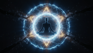 Representación visual de un campo de protección psíquica basado en geometría sagrada rechazando entidades negativas.