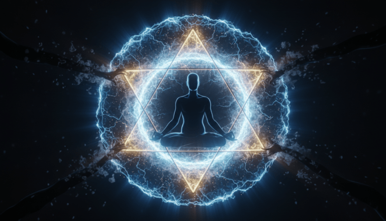 Representación visual de un campo de protección psíquica basado en geometría sagrada rechazando entidades negativas.