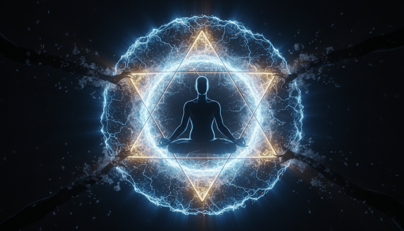 Representación visual de un campo de protección psíquica basado en geometría sagrada rechazando entidades negativas.