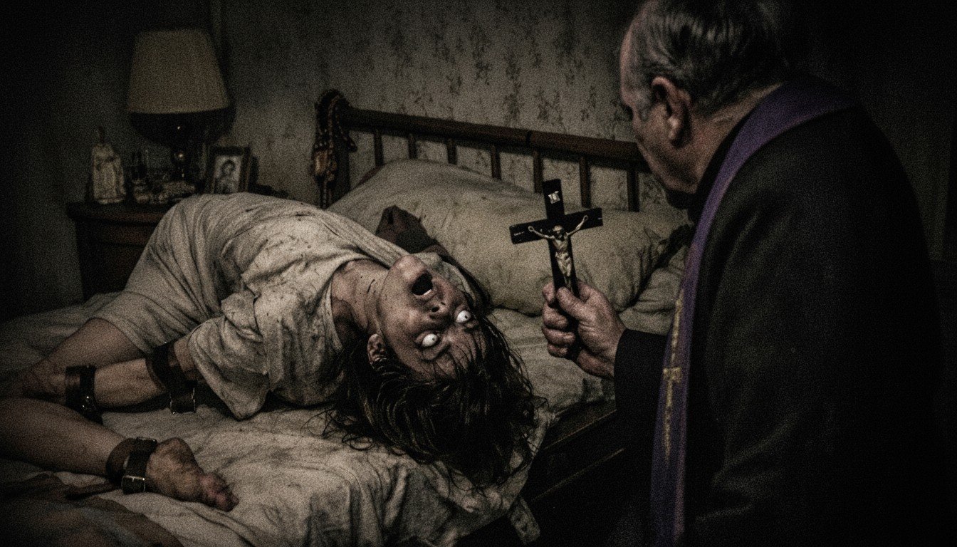 Recreación dramática del exorcismo de Anneliese Michel, mostrando la intensidad física y espiritual del ritual.