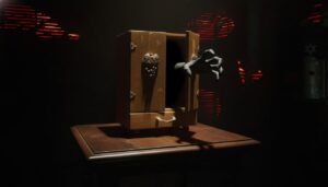 Fotografía de la infame Caja Dybbuk, el objeto maldito más famoso de internet, con sus puertas abiertas mostrando su interior vacío pero inquietante.