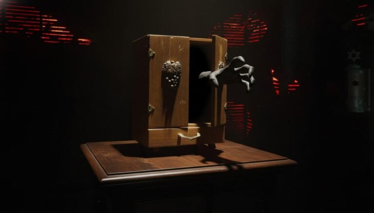 Fotografía de la infame Caja Dybbuk, el objeto maldito más famoso de internet, con sus puertas abiertas mostrando su interior vacío pero inquietante.