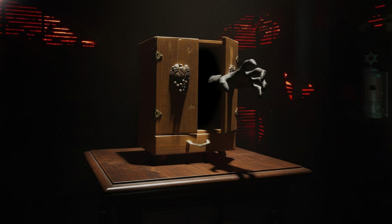 Fotografía de la infame Caja Dybbuk, el objeto maldito más famoso de internet, con sus puertas abiertas mostrando su interior vacío pero inquietante.