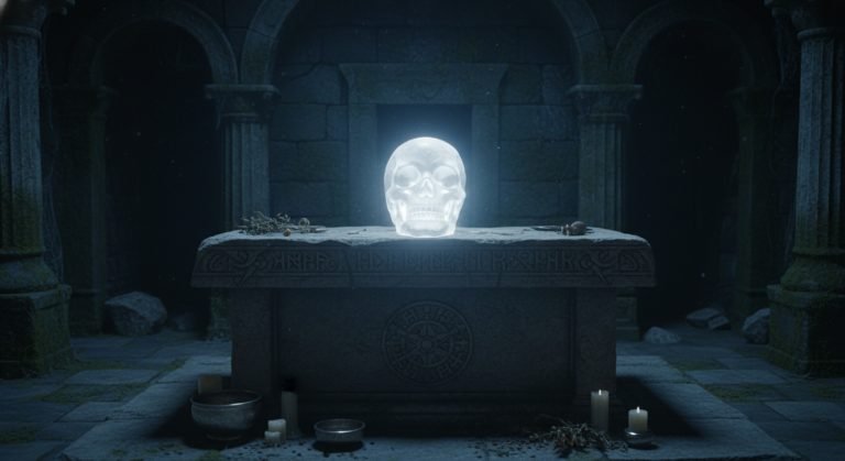 La famosa calavera de cristal de Mitchell-Hedges, brillando con una luz interior en un entorno oscuro y misterioso, simbolizando su enigmático poder.