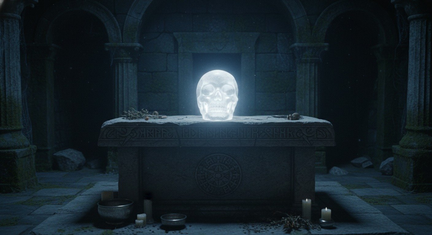 La famosa calavera de cristal de Mitchell-Hedges, brillando con una luz interior en un entorno oscuro y misterioso, simbolizando su enigmático poder.