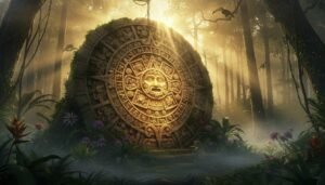 Representación artística de una estela maya con inscripciones de la Cuenta Larga, iluminada por el sol naciente, simbolizando el inicio de un nuevo ciclo.