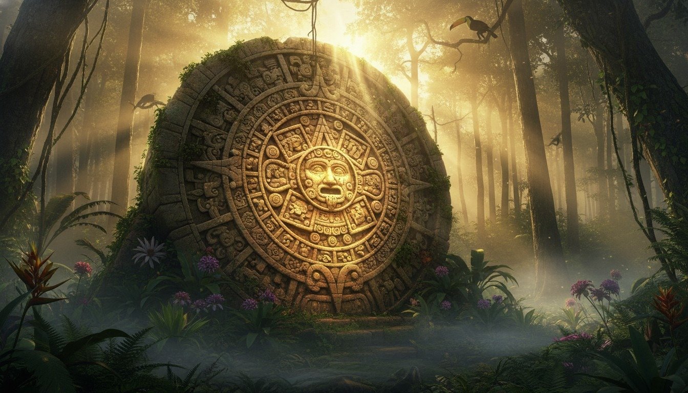 Representación artística de una estela maya con inscripciones de la Cuenta Larga, iluminada por el sol naciente, simbolizando el inicio de un nuevo ciclo.