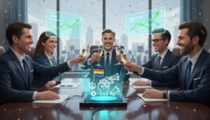 Ilustración satírica que muestra a ejecutivos corporativos utilizando símbolos de justicia social para aumentar sus beneficios, representando el "Capitalismo Woke".