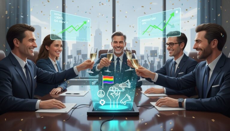 Ilustración satírica que muestra a ejecutivos corporativos utilizando símbolos de justicia social para aumentar sus beneficios, representando el "Capitalismo Woke".