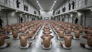 Imagen icónica del interior de la megacárcel CECOT en El Salvador, mostrando a miles de pandilleros sometidos bajo estrictas medidas de seguridad.