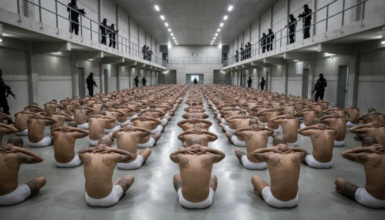 Imagen icónica del interior de la megacárcel CECOT en El Salvador, mostrando a miles de pandilleros sometidos bajo estrictas medidas de seguridad.