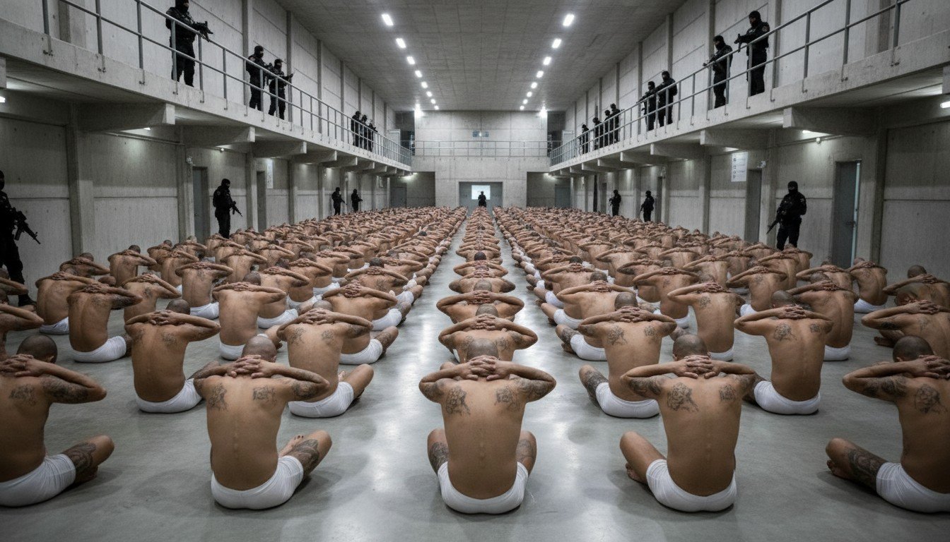 Imagen icónica del interior de la megacárcel CECOT en El Salvador, mostrando a miles de pandilleros sometidos bajo estrictas medidas de seguridad.