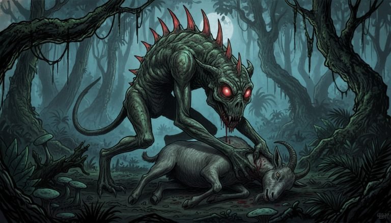 Representación artística del Chupacabras original descrito en Puerto Rico en 1995, con características alienígenas y espinas dorsales.