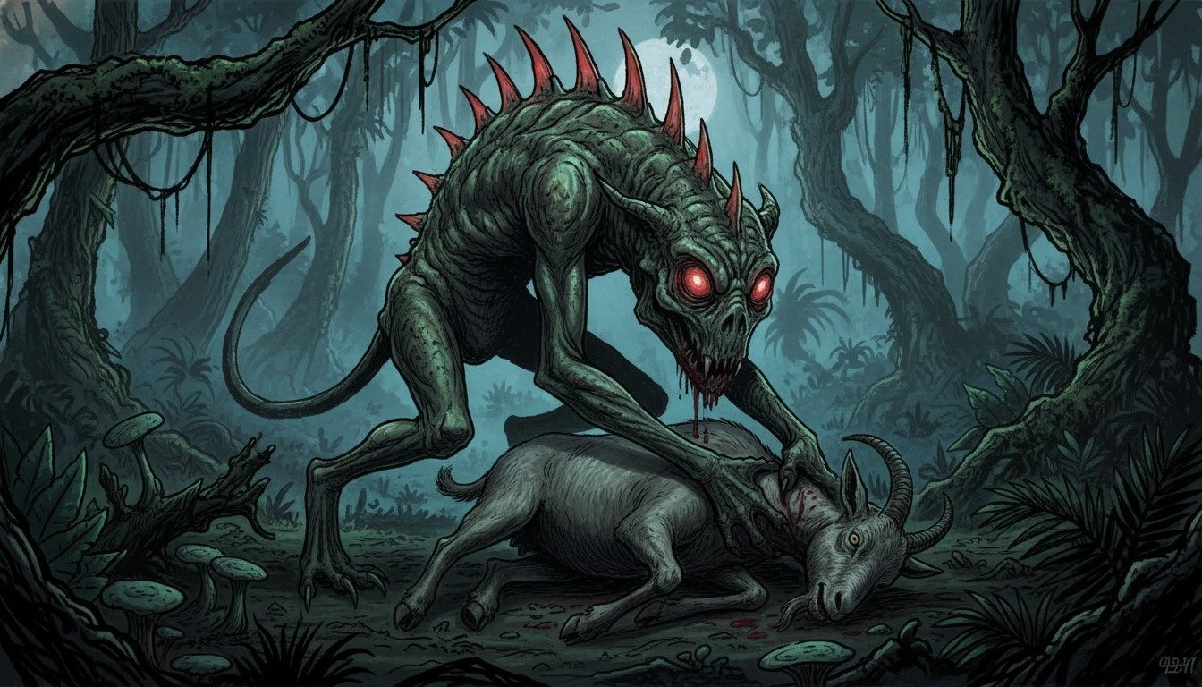 Representación artística del Chupacabras original descrito en Puerto Rico en 1995, con características alienígenas y espinas dorsales.